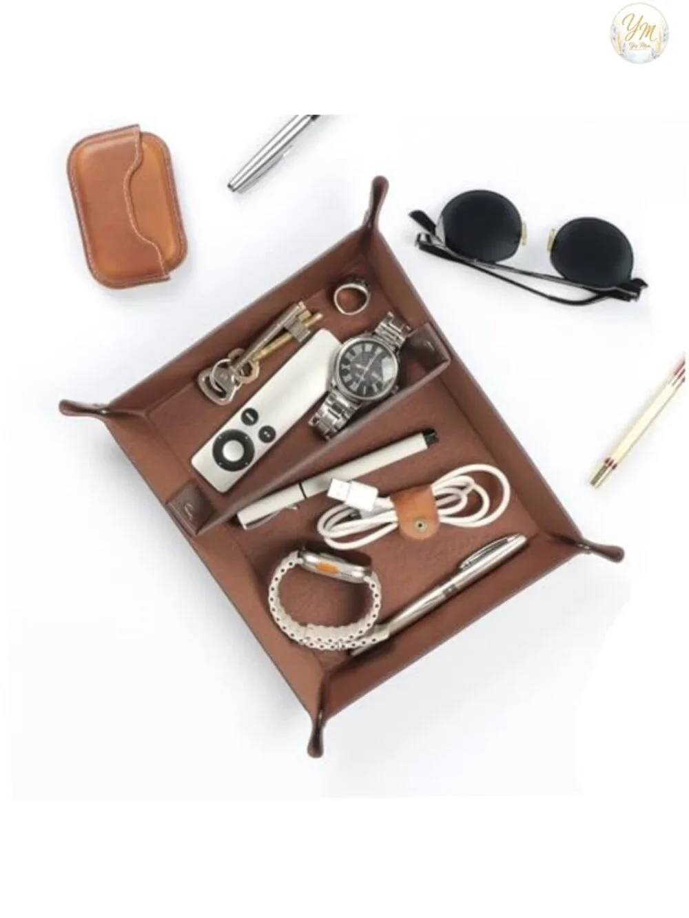 PU Leather Valet Tray for Men, EDC Catchall, Folds Flat for Travel, Nightstand